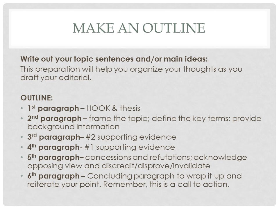 MAKE AN OUTLINE Write out your topic sentences and/or main ideas: This preparation will help you organize your thoughts as you draft your editorial.