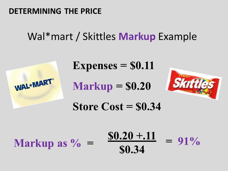 Wal*mart / Skittles Markup Example $ $0.34 Expenses = $0.11 Markup = $0.20 Store Cost = $0.34 Markup as % = = 91% DETERMINING THE PRICE
