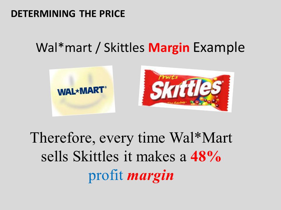 Wal*mart / Skittles Margin Example Therefore, every time Wal*Mart sells Skittles it makes a 48% profit margin DETERMINING THE PRICE