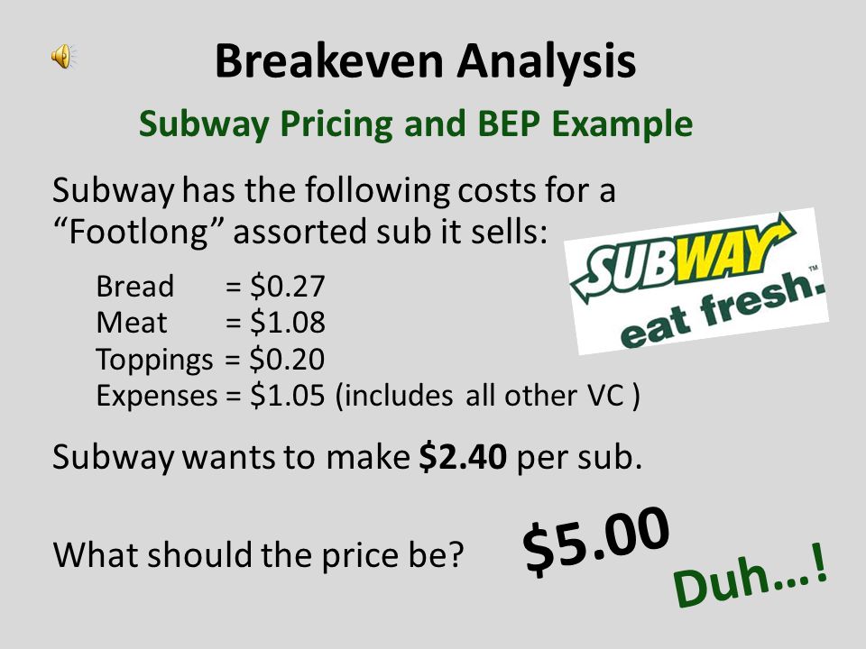 Breakeven Analysis Subway Pricing and BEP Example Subway has the following costs for a Footlong assorted sub it sells: Bread= $0.27 Meat= $1.08 Toppings = $0.20 Expenses= $1.05 (includes all other VC ) Subway wants to make $2.40 per sub.