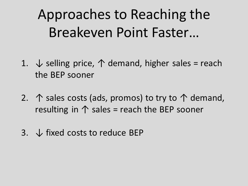 Approaches to Reaching the Breakeven Point Faster… 1.↓ selling price, ↑ demand, higher sales = reach the BEP sooner 2.↑ sales costs (ads, promos) to try to ↑ demand, resulting in ↑ sales = reach the BEP sooner 3.↓ fixed costs to reduce BEP