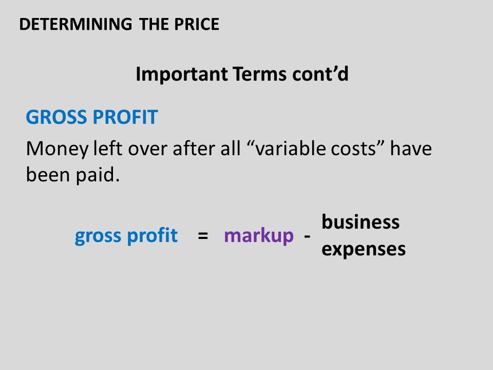 Important Terms cont’d GROSS PROFIT Money left over after all variable costs have been paid.