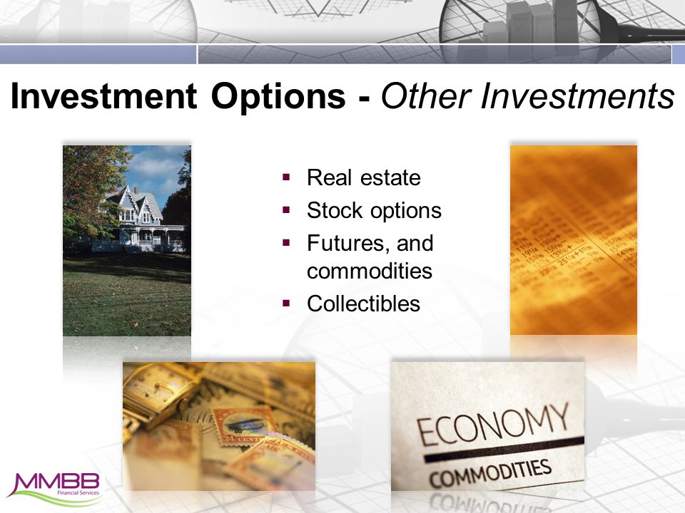 Investment Options - Other Investments  Real estate  Stock options  Futures, and commodities  Collectibles