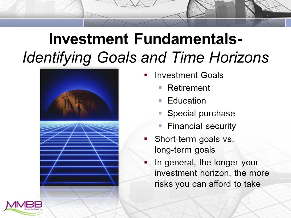 Investment Fundamentals- Identifying Goals and Time Horizons  Investment Goals  Retirement  Education  Special purchase  Financial security  Short-term goals vs.