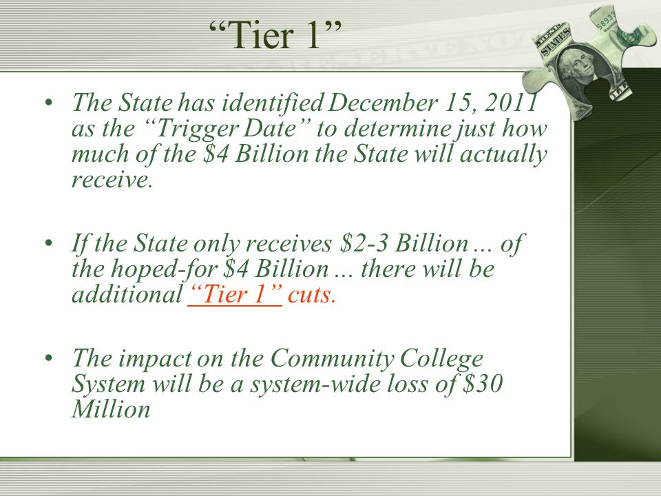 Tier 1 The State has identified December 15, 2011 as the Trigger Date to determine just how much of the $4 Billion the State will actually receive.