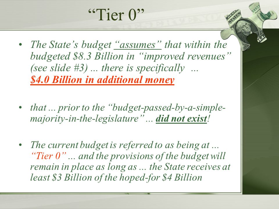 Tier 0 The State’s budget assumes that within the budgeted $8.3 Billion in improved revenues (see slide #3)...