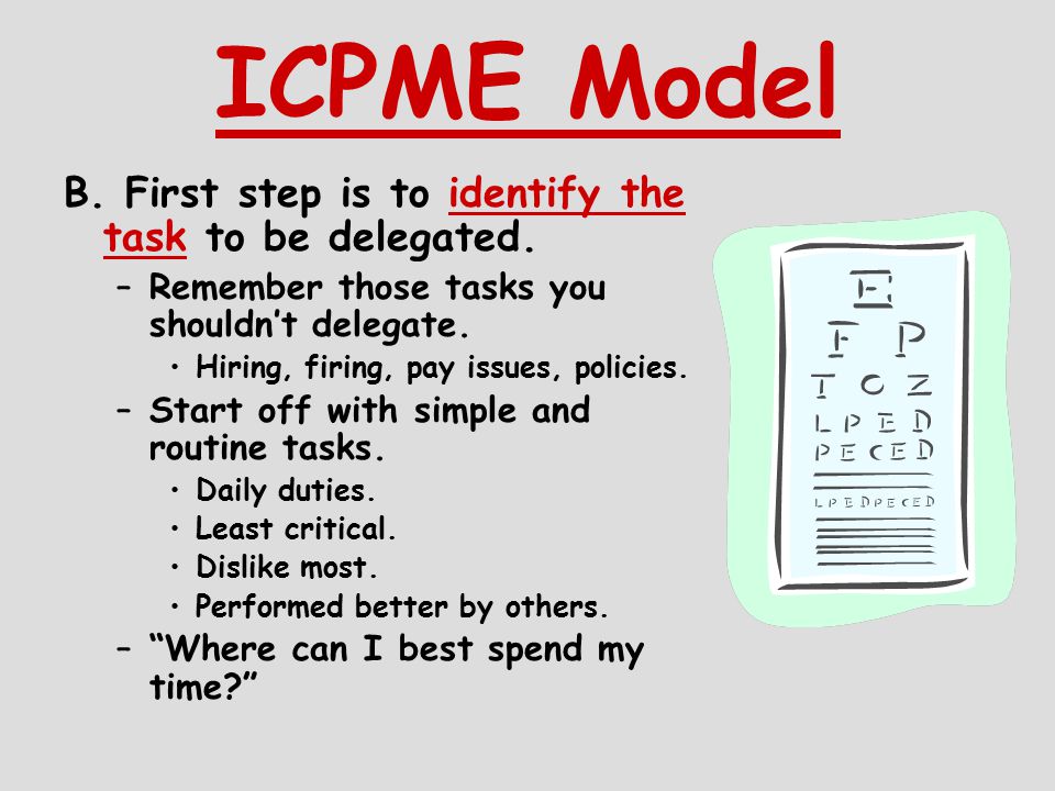 ICPME Model B. First step is to identify the task to be delegated.