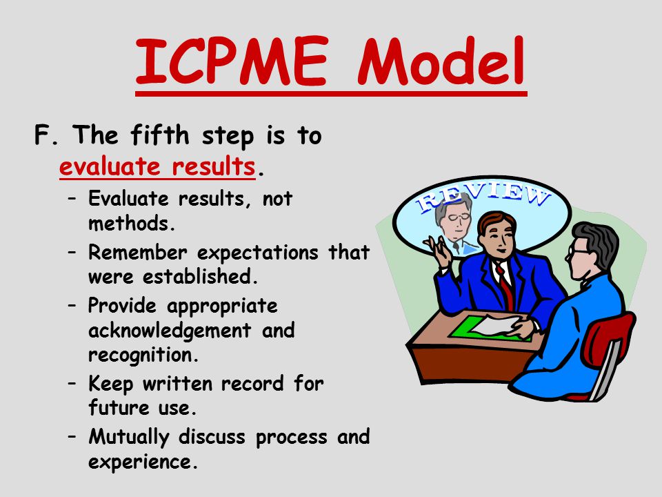 ICPME Model F. The fifth step is to evaluate results.