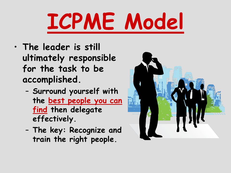 ICPME Model The leader is still ultimately responsible for the task to be accomplished.