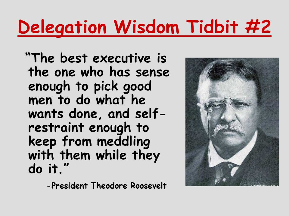 Delegation Wisdom Tidbit #2 The best executive is the one who has sense enough to pick good men to do what he wants done, and self- restraint enough to keep from meddling with them while they do it. -President Theodore Roosevelt