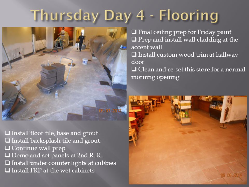  Install floor tile, base and grout  Install backsplash tile and grout  Continue wall prep  Demo and set panels at 2nd R.