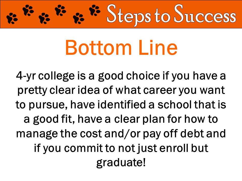 4-yr college is a good choice if you have a pretty clear idea of what career you want to pursue, have identified a school that is a good fit, have a clear plan for how to manage the cost and/or pay off debt and if you commit to not just enroll but graduate.