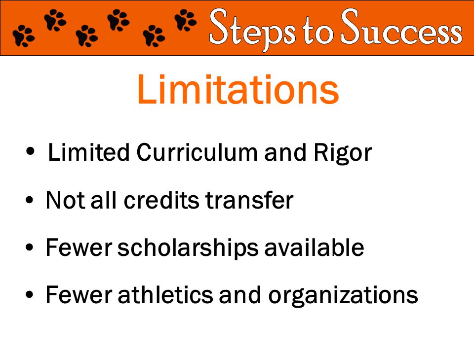 Limitations Limited Curriculum and Rigor Not all credits transfer Fewer scholarships available Fewer athletics and organizations