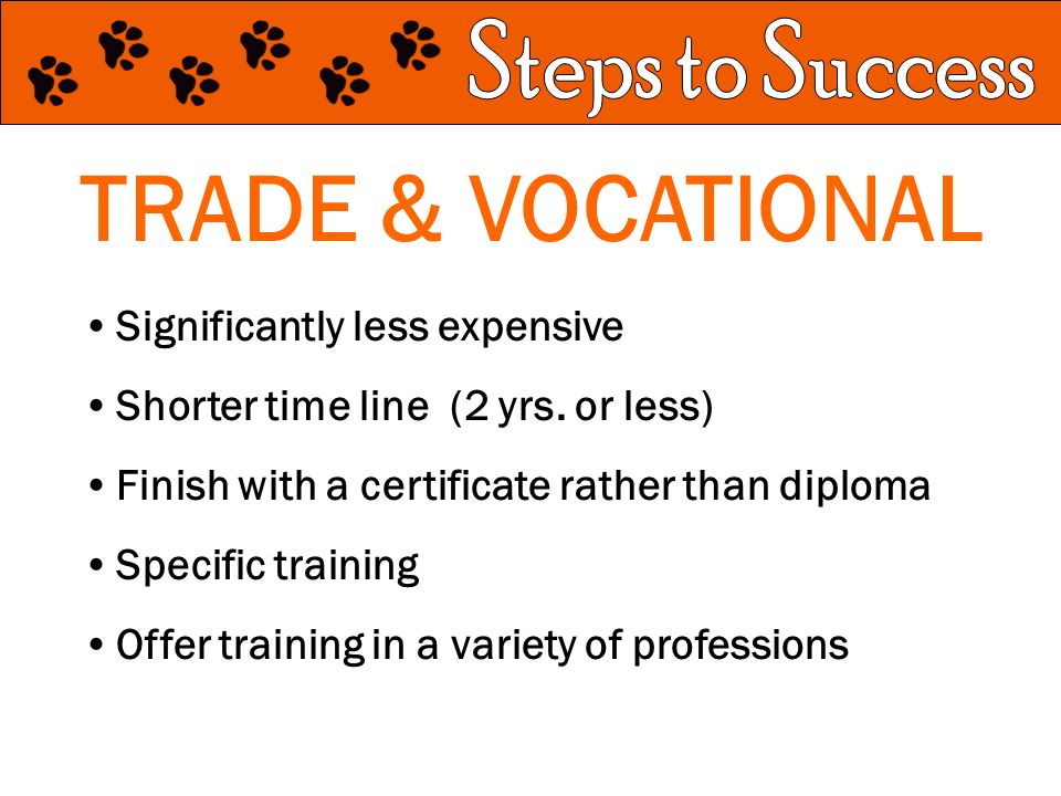 TRADE & VOCATIONAL Significantly less expensive Shorter time line (2 yrs.