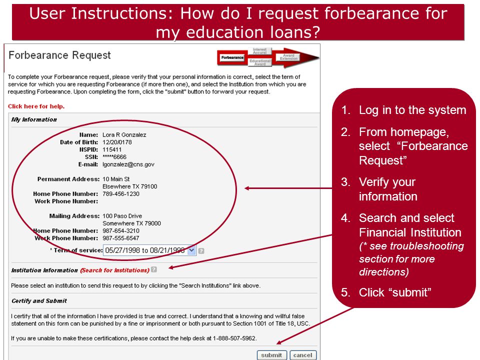 User Instructions: How do I request forbearance for my education loans.