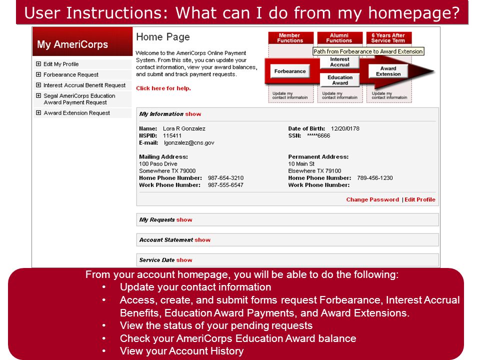 User Instructions: What can I do from my homepage.