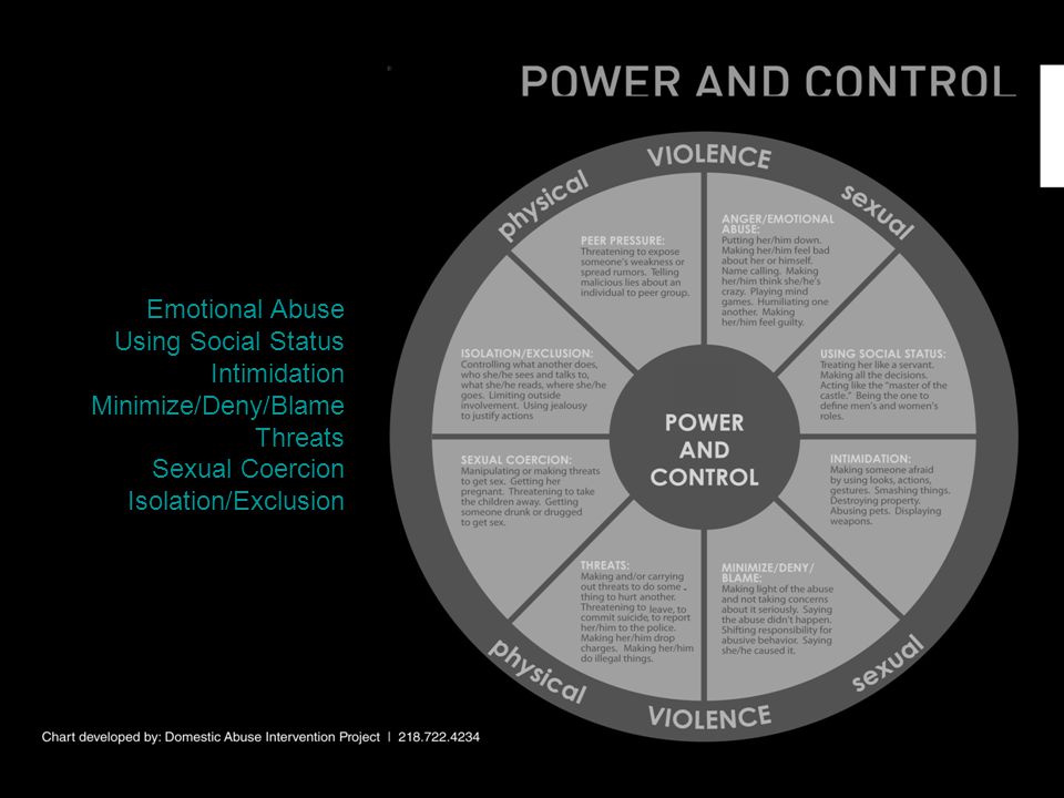 Emotional Abuse Using Social Status Intimidation Minimize/Deny/Blame Threats Sexual Coercion Isolation/Exclusion