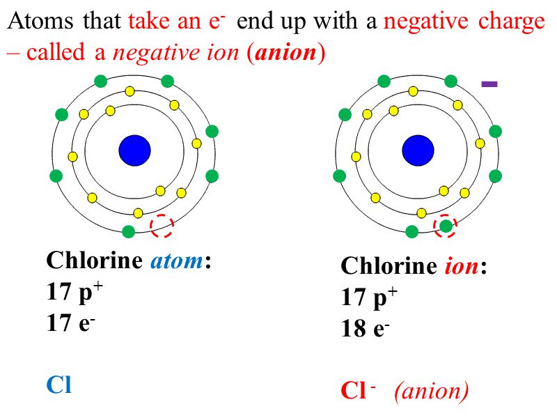 Atoms that take an e - end up with a negative charge – called a negative ion (anion) Chlorine atom: 17 p + 17 e - Cl Chlorine ion: 17 p + 18 e - Cl - (anion) -