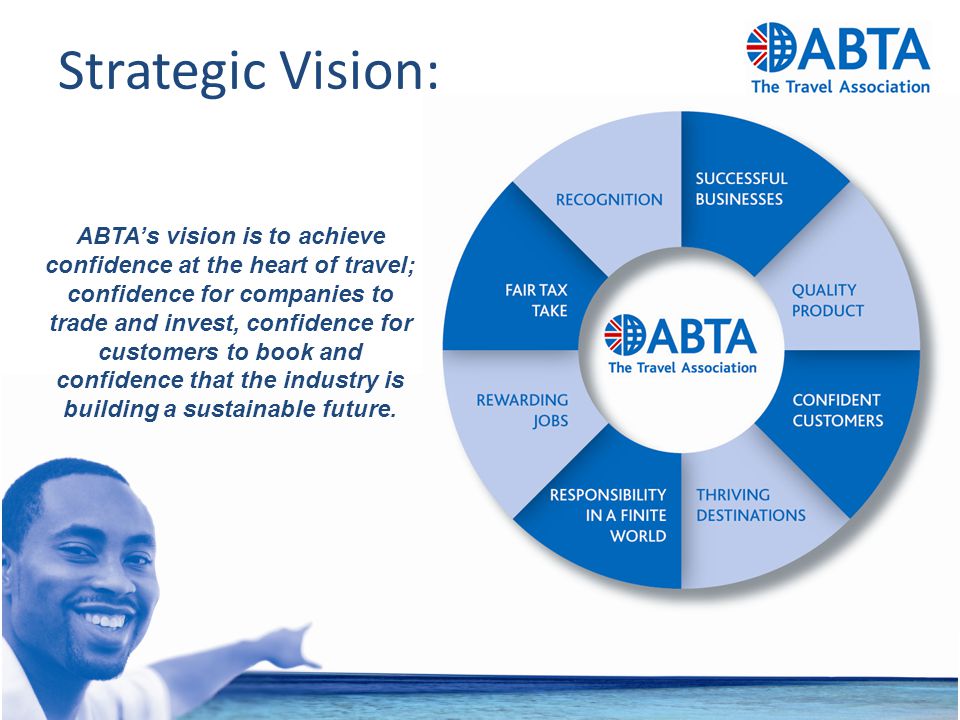 Strategic Vision: ABTA’s vision is to achieve confidence at the heart of travel; confidence for companies to trade and invest, confidence for customers to book and confidence that the industry is building a sustainable future.