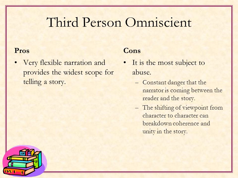 Third Person Omniscient Omniscient means all knowing –Narrator is free to go wherever he or she wishes, to peer inside the minds and hearts of characters at will and tell us what they are thinking or feeling.