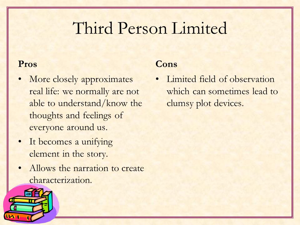 Third Person Limited The story is told in the third person but is limited to one or two characters in the story, known as Point of View characters.
