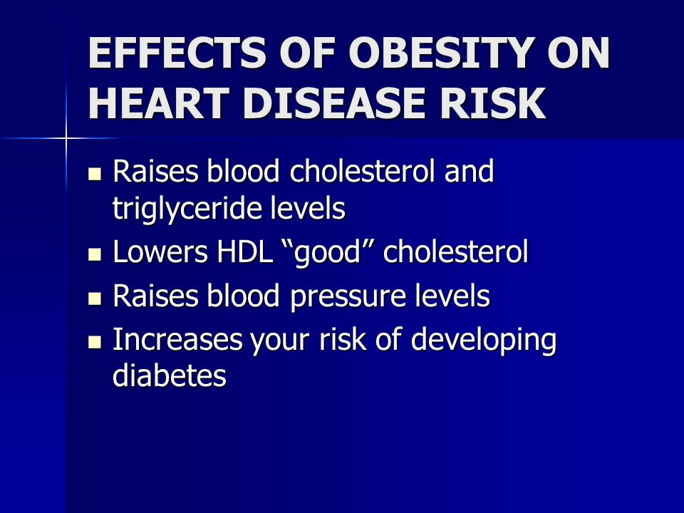 EFFECTS OF OBESITY ON HEART DISEASE RISK Raises blood cholesterol and triglyceride levels Raises blood cholesterol and triglyceride levels Lowers HDL good cholesterol Lowers HDL good cholesterol Raises blood pressure levels Raises blood pressure levels Increases your risk of developing diabetes Increases your risk of developing diabetes