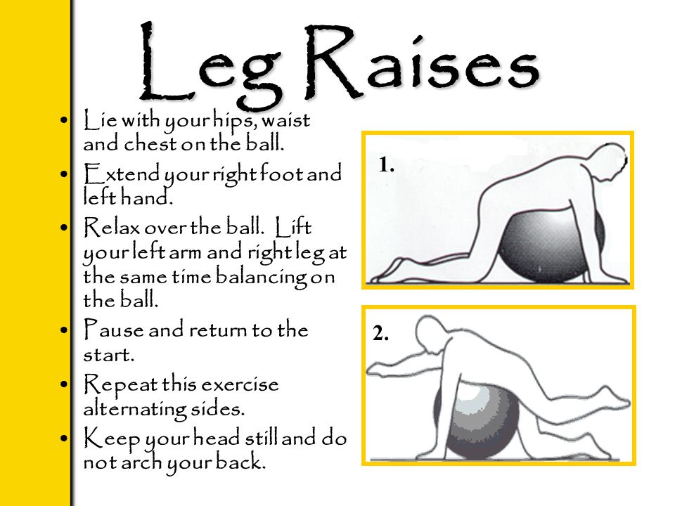 Leg Raises Lie with your hips, waist and chest on the ball.