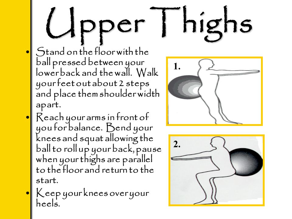 Upper Thighs Stand on the floor with the ball pressed between your lower back and the wall.