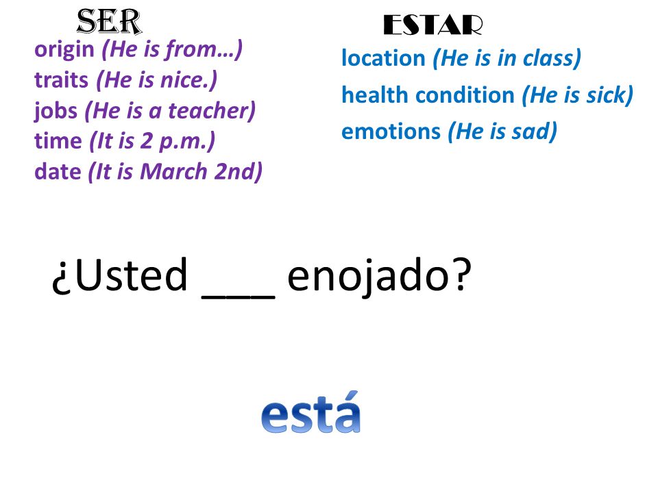 origin (He is from…) traits (He is nice.) jobs (He is a teacher) time (It is 2 p.m.) date (It is March 2nd) location (He is in class) health condition (He is sick) emotions (He is sad) SER ESTAR ¿Usted ___ enojado