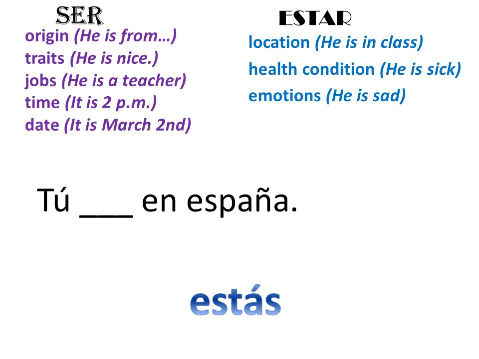 origin (He is from…) traits (He is nice.) jobs (He is a teacher) time (It is 2 p.m.) date (It is March 2nd) location (He is in class) health condition (He is sick) emotions (He is sad) SER ESTAR Tú ___ en españa.