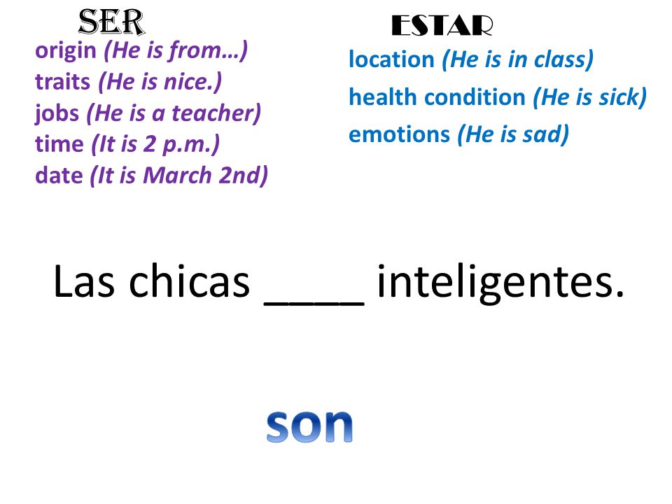 origin (He is from…) traits (He is nice.) jobs (He is a teacher) time (It is 2 p.m.) date (It is March 2nd) location (He is in class) health condition (He is sick) emotions (He is sad) SER ESTAR Las chicas ____ inteligentes.