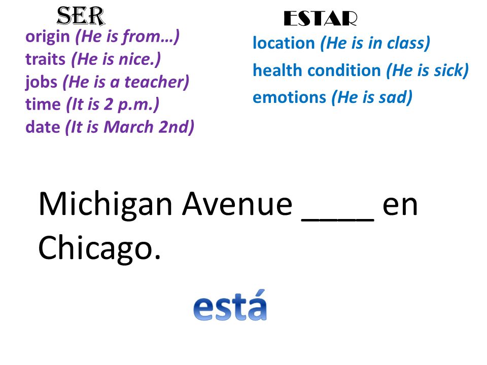origin (He is from…) traits (He is nice.) jobs (He is a teacher) time (It is 2 p.m.) date (It is March 2nd) location (He is in class) health condition (He is sick) emotions (He is sad) SER ESTAR Michigan Avenue ____ en Chicago.