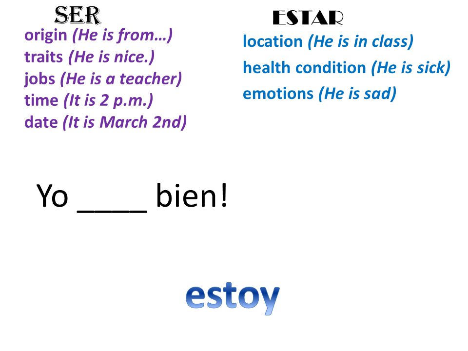 origin (He is from…) traits (He is nice.) jobs (He is a teacher) time (It is 2 p.m.) date (It is March 2nd) location (He is in class) health condition (He is sick) emotions (He is sad) SER ESTAR Yo ____ bien!