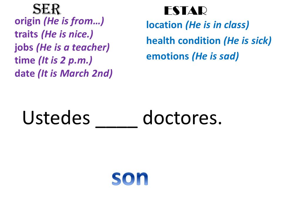 origin (He is from…) traits (He is nice.) jobs (He is a teacher) time (It is 2 p.m.) date (It is March 2nd) location (He is in class) health condition (He is sick) emotions (He is sad) SER ESTAR Ustedes ____ doctores.