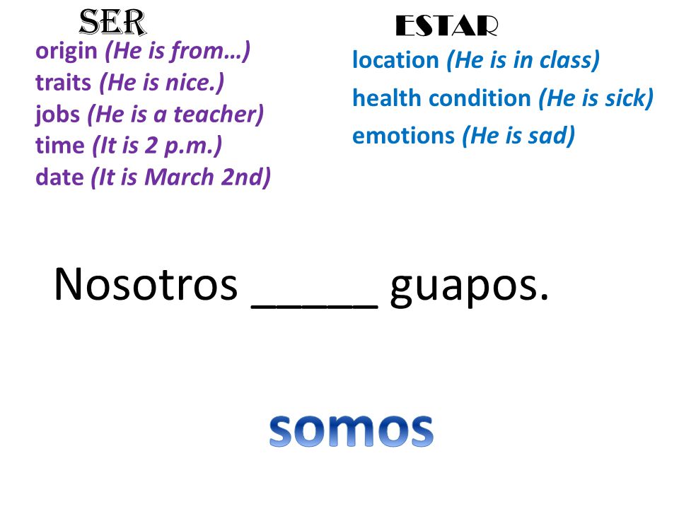 origin (He is from…) traits (He is nice.) jobs (He is a teacher) time (It is 2 p.m.) date (It is March 2nd) location (He is in class) health condition (He is sick) emotions (He is sad) SER ESTAR Nosotros _____ guapos.