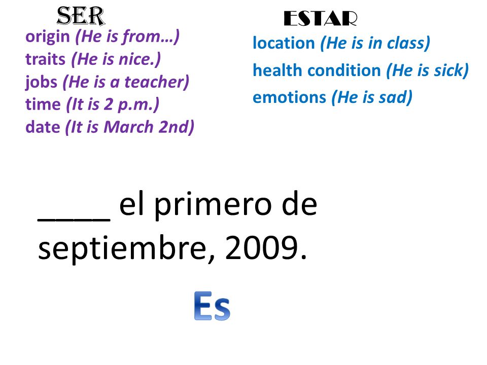 origin (He is from…) traits (He is nice.) jobs (He is a teacher) time (It is 2 p.m.) date (It is March 2nd) location (He is in class) health condition (He is sick) emotions (He is sad) SER ESTAR ____ el primero de septiembre, 2009.