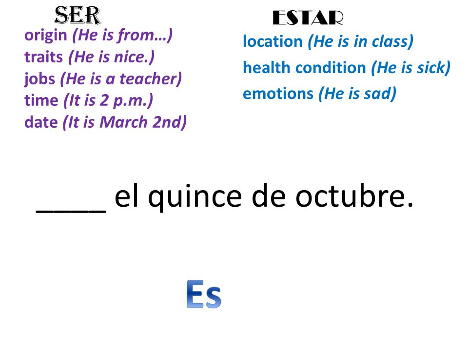 origin (He is from…) traits (He is nice.) jobs (He is a teacher) time (It is 2 p.m.) date (It is March 2nd) location (He is in class) health condition (He is sick) emotions (He is sad) SER ESTAR ____ el quince de octubre.