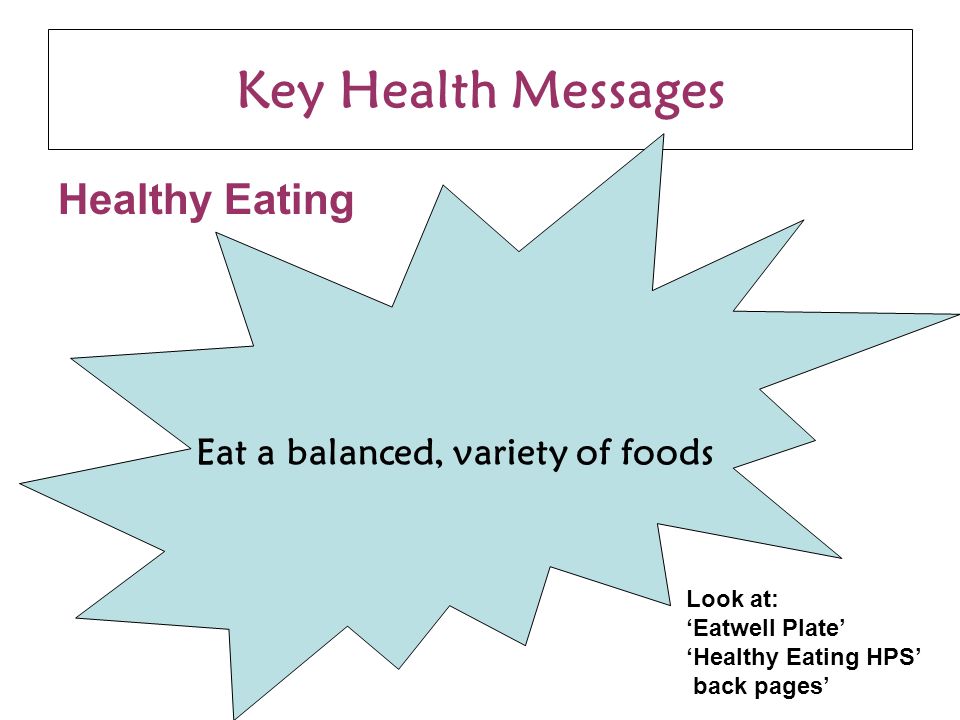 Key Health Messages Healthy Eating Eat a balanced, variety of foods Look at: ‘Eatwell Plate’ ‘Healthy Eating HPS’ back pages’
