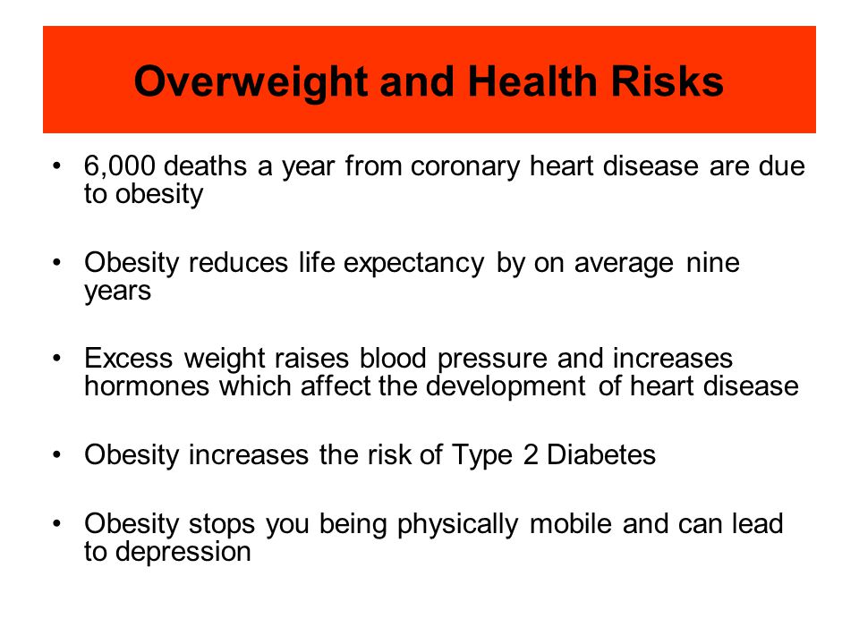 Overweight and Health Risks 6,000 deaths a year from coronary heart disease are due to obesity Obesity reduces life expectancy by on average nine years Excess weight raises blood pressure and increases hormones which affect the development of heart disease Obesity increases the risk of Type 2 Diabetes Obesity stops you being physically mobile and can lead to depression