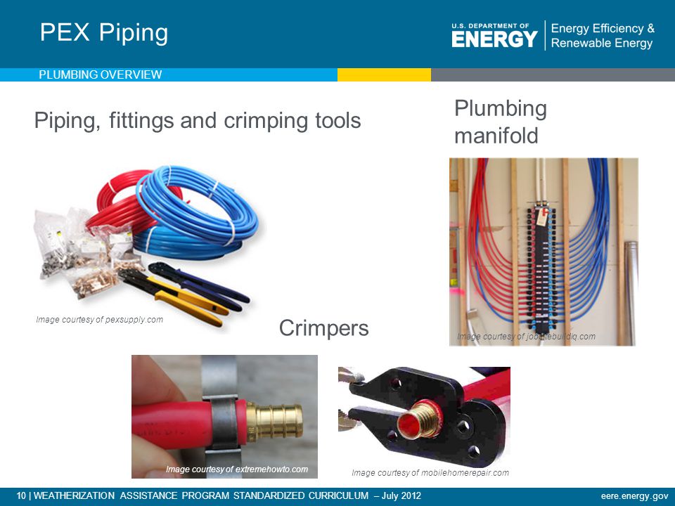 10 | WEATHERIZATION ASSISTANCE PROGRAM STANDARDIZED CURRICULUM – July 2012eere.energy.gov Piping, fittings and crimping tools Plumbing manifold PEX Piping Image courtesy of pexsupply.com Image courtesy of jobsitebuildiq.com Image courtesy of mobilehomerepair.com Image courtesy of extremehowto.com Crimpers PLUMBING OVERVIEW