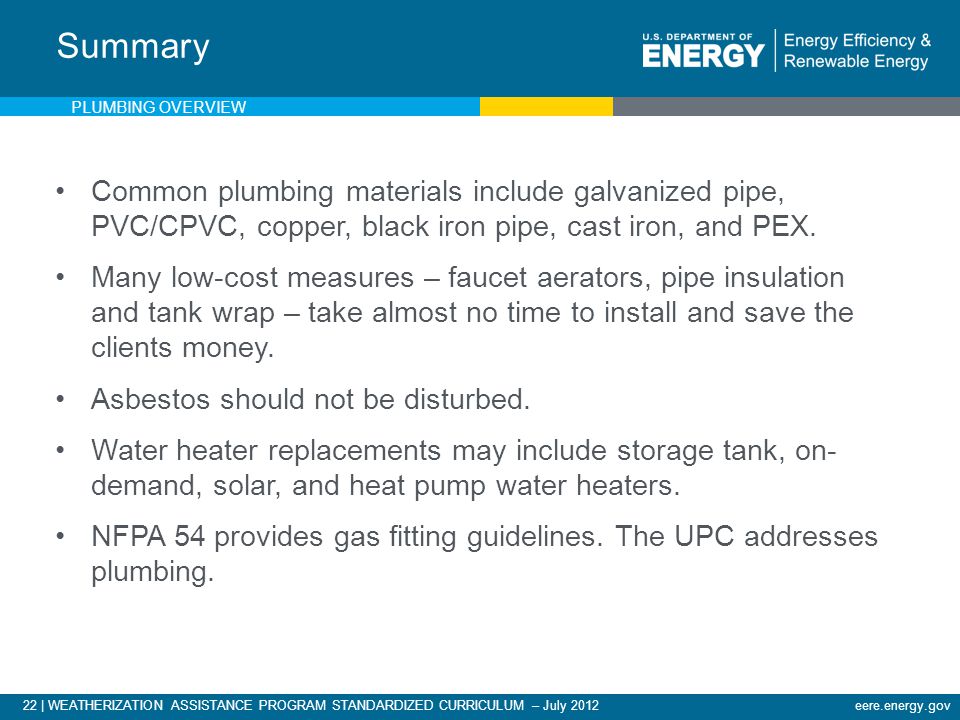 22 | WEATHERIZATION ASSISTANCE PROGRAM STANDARDIZED CURRICULUM – July 2012eere.energy.gov Summary Common plumbing materials include galvanized pipe, PVC/CPVC, copper, black iron pipe, cast iron, and PEX.