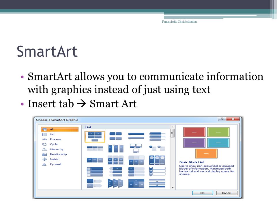 SmartArt SmartArt allows you to communicate information with graphics instead of just using text Insert tab  Smart Art Panayiotis Christodoulou
