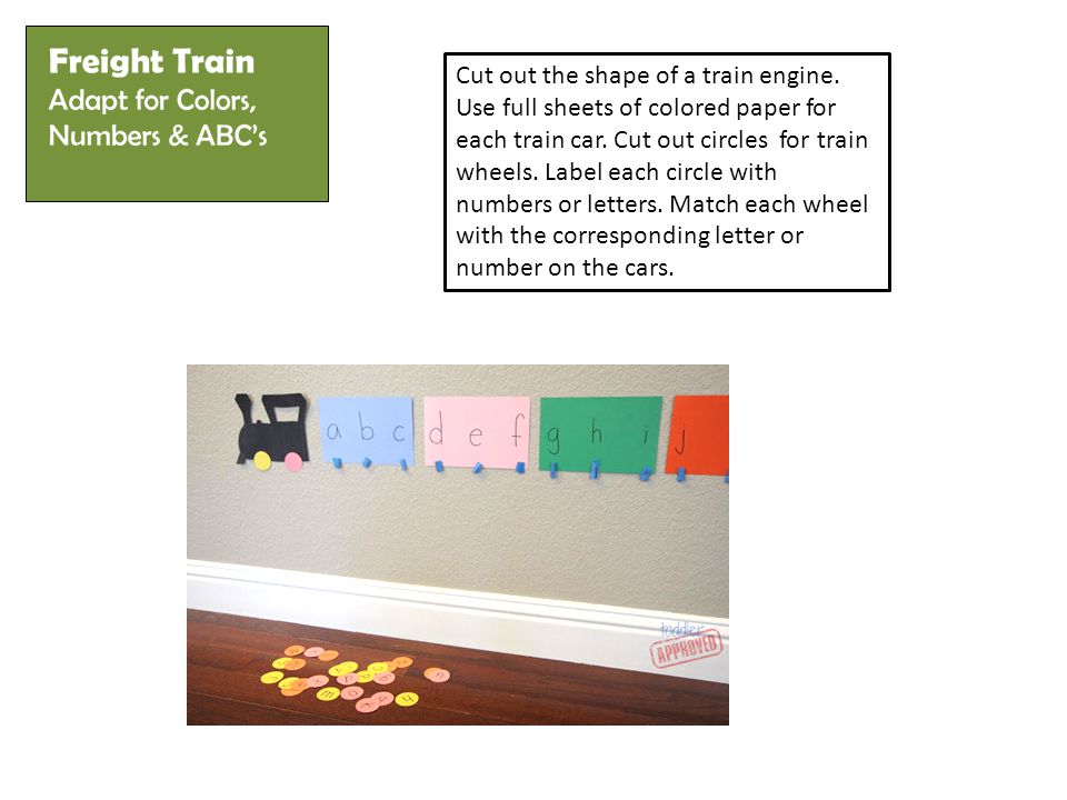 Cut out the shape of a train engine. Use full sheets of colored paper for each train car.