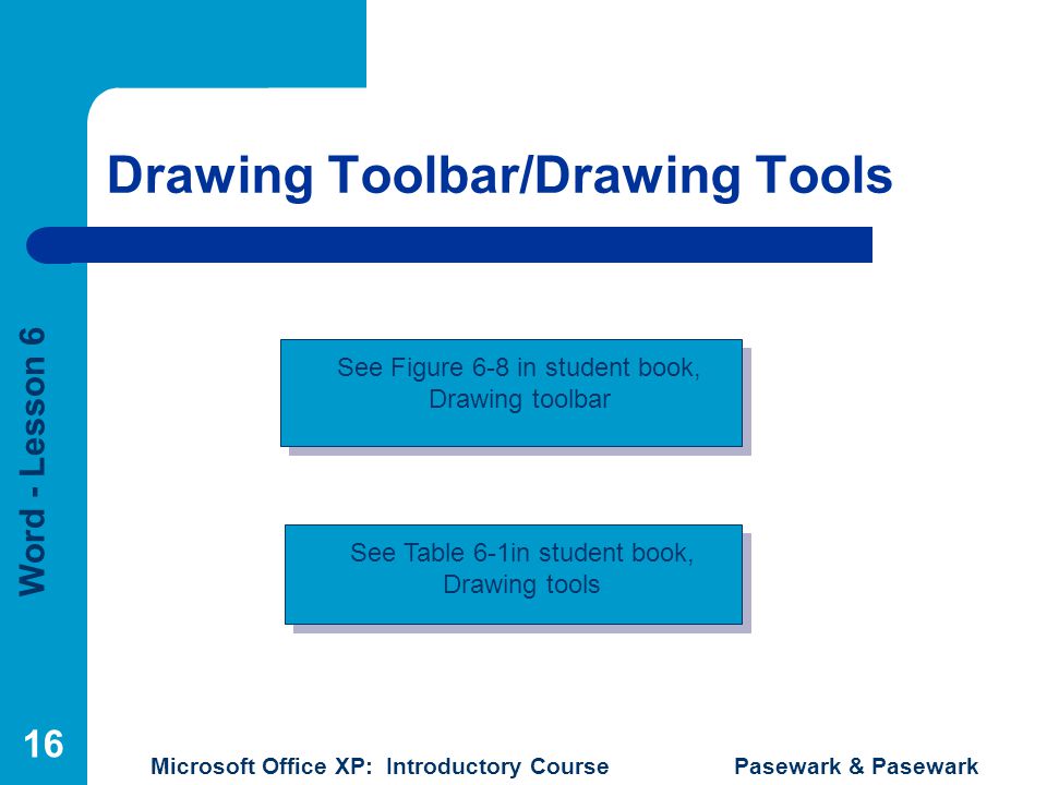 Word - Lesson 6 Microsoft Office XP: Introductory Course Pasewark & Pasewark 16 Drawing Toolbar/Drawing Tools See Figure 6-8 in student book, Drawing toolbar See Table 6-1in student book, Drawing tools