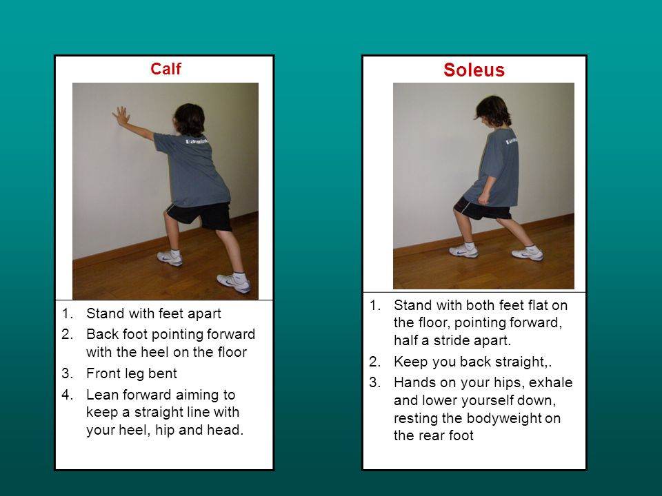 Calf 1.Stand with feet apart 2.Back foot pointing forward with the heel on the floor 3.Front leg bent 4.Lean forward aiming to keep a straight line with your heel, hip and head.
