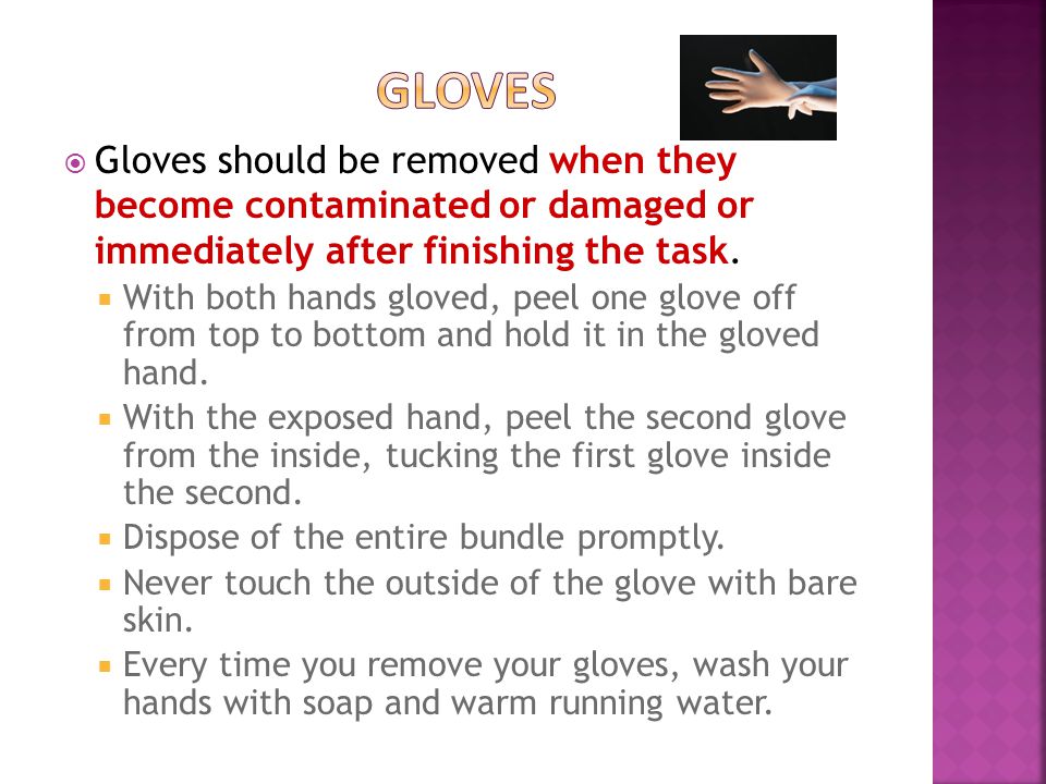  Gloves should be removed when they become contaminated or damaged or immediately after finishing the task.