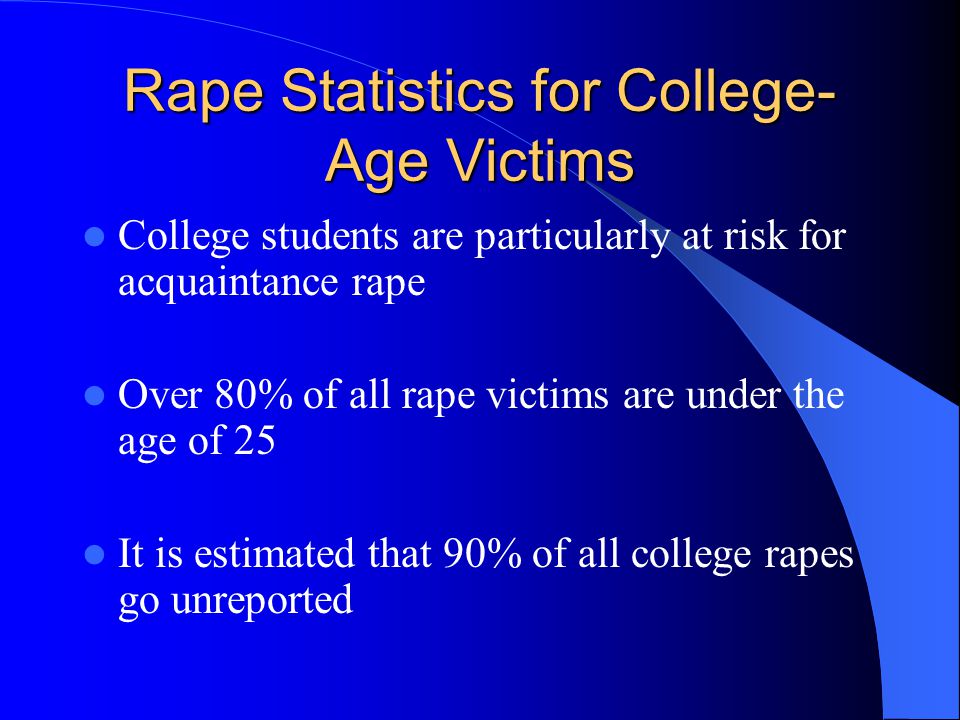 Rape Statistics for College- Age Victims College students are particularly at risk for acquaintance rape Over 80% of all rape victims are under the age of 25 It is estimated that 90% of all college rapes go unreported