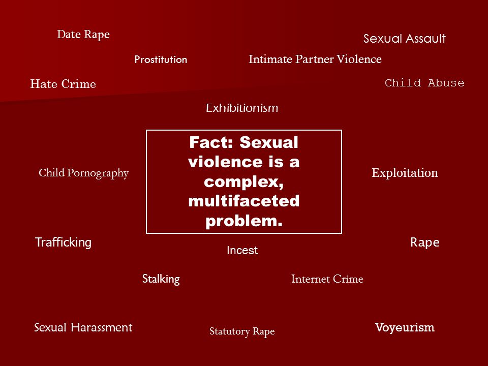 Date Rape Sexual Assault Sexual Harassment Voyeurism Child Pornography Exhibitionism Rape Child Abuse Hate Crime Incest Internet Crime Intimate Partner Violence Stalking Statutory Rape Trafficking Exploitation Fact: Sexual violence is a complex, multifaceted problem.