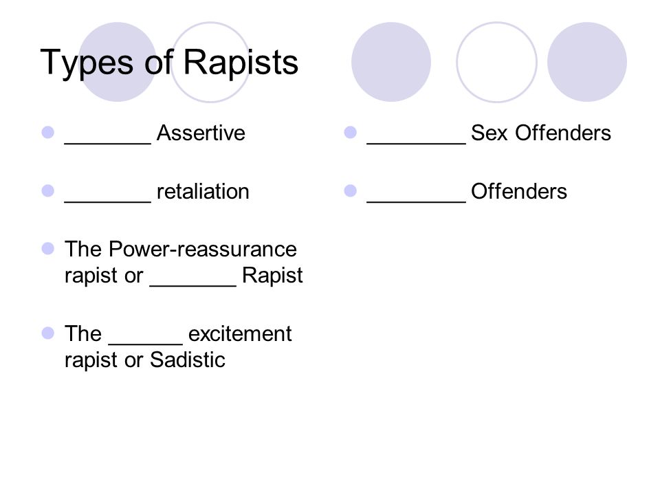Types of Rapists _______ Assertive _______ retaliation The Power-reassurance rapist or _______ Rapist The ______ excitement rapist or Sadistic ________ Sex Offenders ________ Offenders