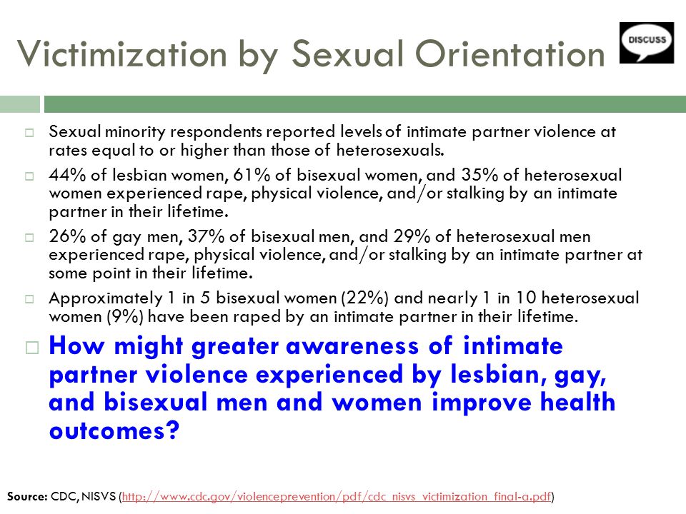 Victimization by Sexual Orientation  Sexual minority respondents reported levels of intimate partner violence at rates equal to or higher than those of heterosexuals.